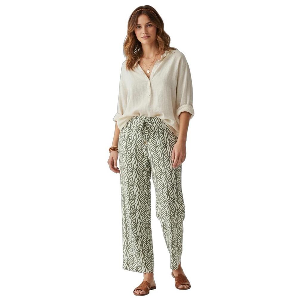SOHO Apparel Olive Leaf Print Wide Leg Pants L Casual Boho Resort Rayon Blend - Picture 3 of 9